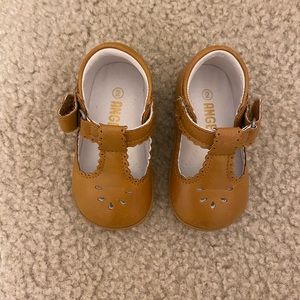 Angel Baby Girls T-Strap Scalloped Perforated Mary Jane - Mustard. Size 2